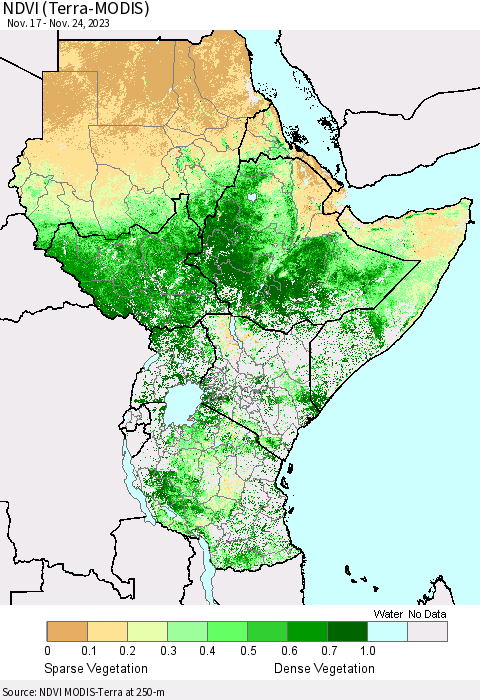 Eastern Africa NDVI (Terra-MODIS) Thematic Map For 11/17/2023 - 11/24/2023