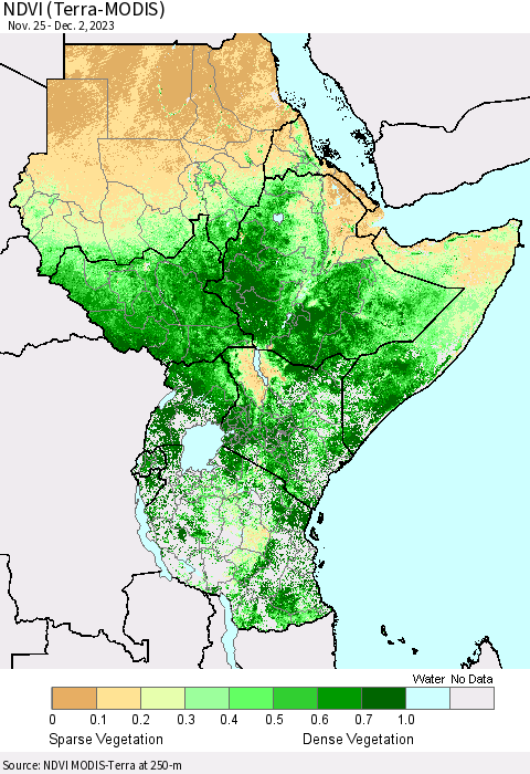 Eastern Africa NDVI (Terra-MODIS) Thematic Map For 11/25/2023 - 12/2/2023