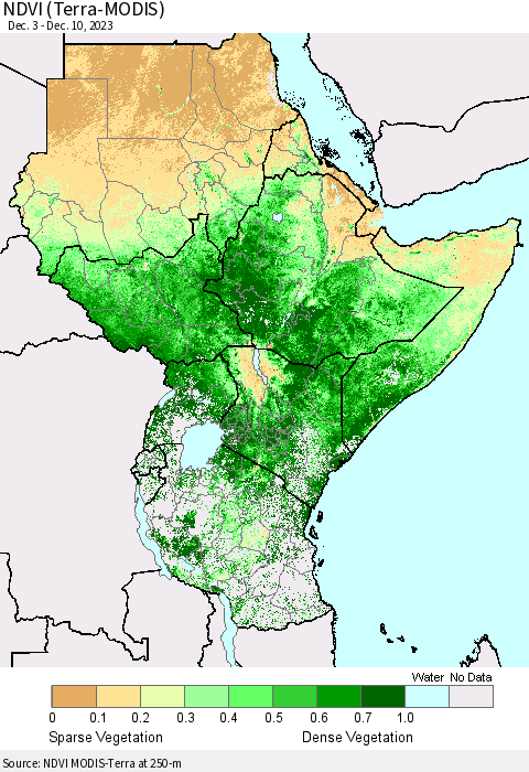Eastern Africa NDVI (Terra-MODIS) Thematic Map For 12/3/2023 - 12/10/2023