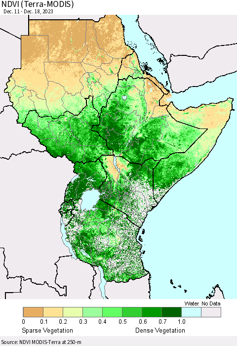 Eastern Africa NDVI (Terra-MODIS) Thematic Map For 12/11/2023 - 12/18/2023
