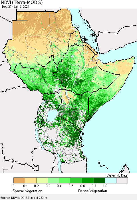 Eastern Africa NDVI (Terra-MODIS) Thematic Map For 12/27/2023 - 1/3/2024