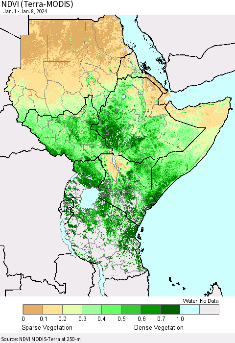 Eastern Africa NDVI (Terra-MODIS) Thematic Map For 1/1/2024 - 1/8/2024