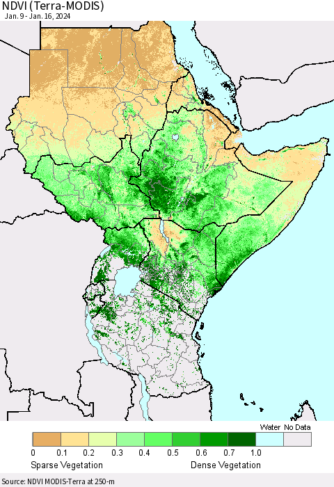 Eastern Africa NDVI (Terra-MODIS) Thematic Map For 1/9/2024 - 1/16/2024