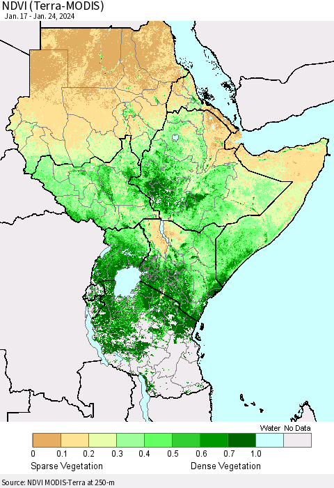 Eastern Africa NDVI (Terra-MODIS) Thematic Map For 1/17/2024 - 1/24/2024