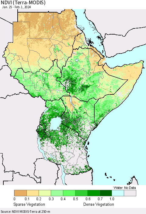 Eastern Africa NDVI (Terra-MODIS) Thematic Map For 1/25/2024 - 2/1/2024