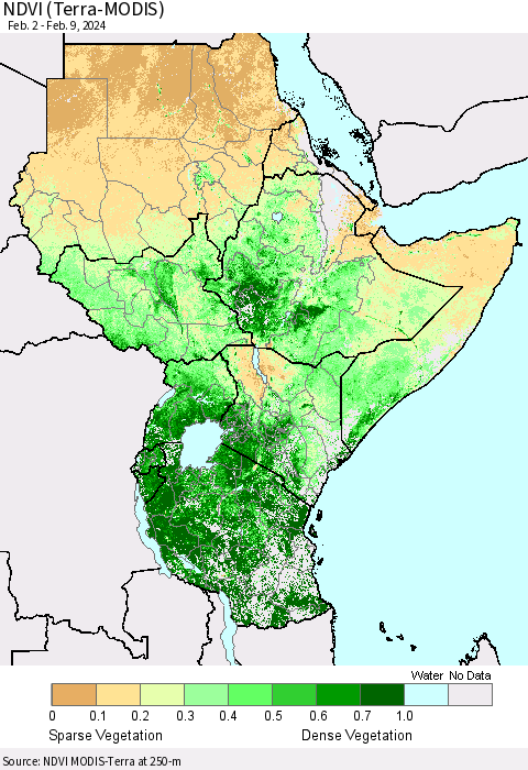 Eastern Africa NDVI (Terra-MODIS) Thematic Map For 2/2/2024 - 2/9/2024