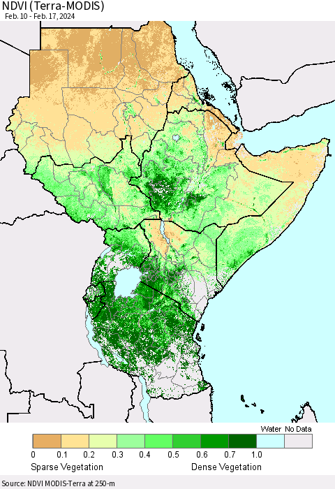 Eastern Africa NDVI (Terra-MODIS) Thematic Map For 2/10/2024 - 2/17/2024