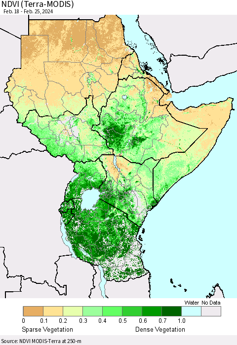 Eastern Africa NDVI (Terra-MODIS) Thematic Map For 2/18/2024 - 2/25/2024