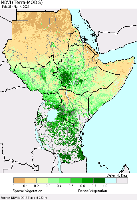 Eastern Africa NDVI (Terra-MODIS) Thematic Map For 2/26/2024 - 3/4/2024