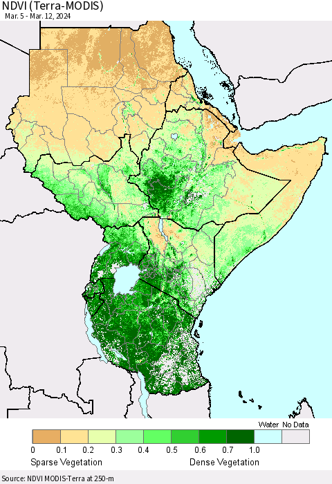 Eastern Africa NDVI (Terra-MODIS) Thematic Map For 3/5/2024 - 3/12/2024