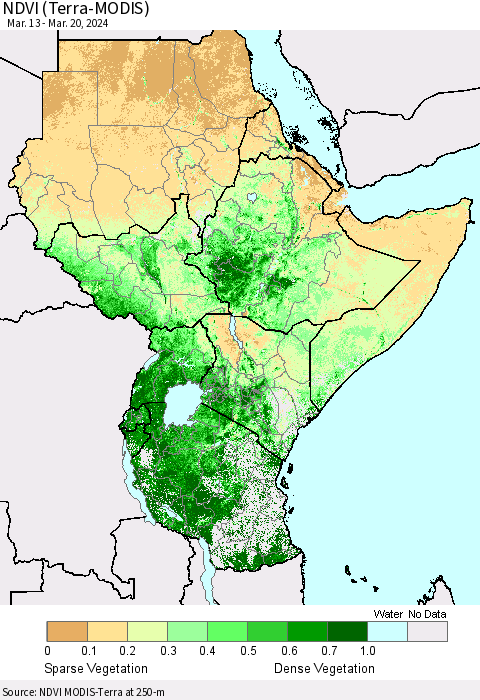 Eastern Africa NDVI (Terra-MODIS) Thematic Map For 3/13/2024 - 3/20/2024
