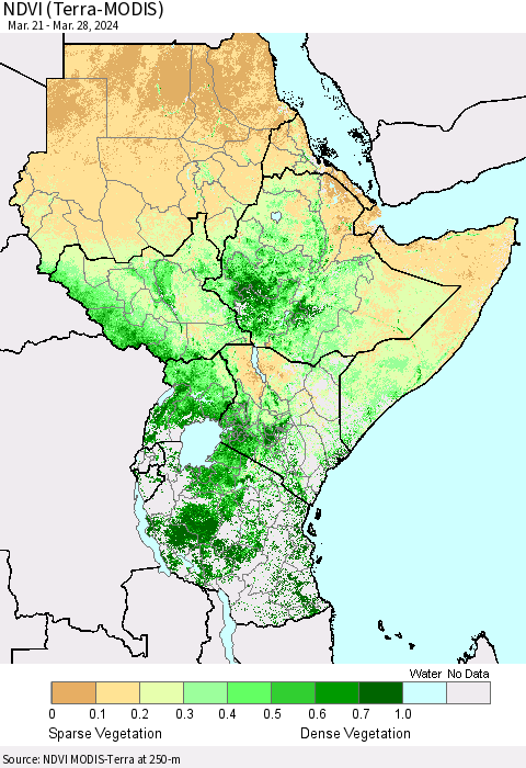 Eastern Africa NDVI (Terra-MODIS) Thematic Map For 3/21/2024 - 3/28/2024