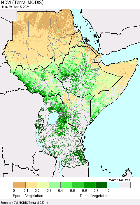Eastern Africa NDVI (Terra-MODIS) Thematic Map For 3/29/2024 - 4/5/2024