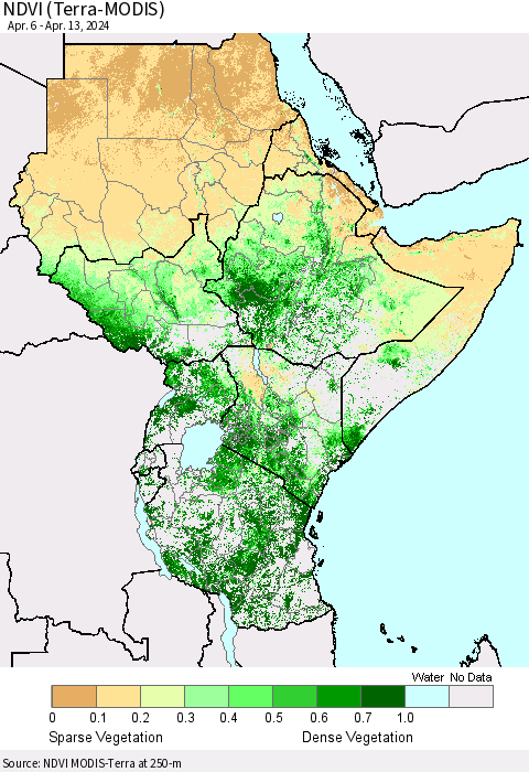 Eastern Africa NDVI (Terra-MODIS) Thematic Map For 4/6/2024 - 4/13/2024