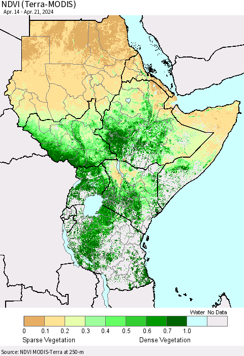 Eastern Africa NDVI (Terra-MODIS) Thematic Map For 4/14/2024 - 4/21/2024