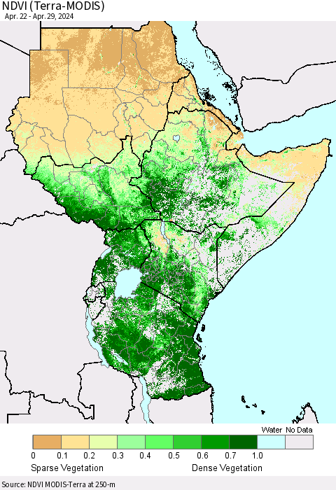 Eastern Africa NDVI (Terra-MODIS) Thematic Map For 4/22/2024 - 4/29/2024