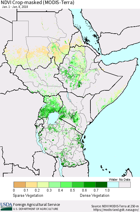 Eastern Africa Cropland NDVI (Terra-MODIS) Thematic Map For 1/1/2018 - 1/10/2018