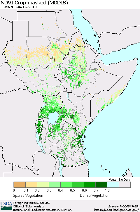Eastern Africa Cropland NDVI (Terra-MODIS) Thematic Map For 1/11/2018 - 1/20/2018