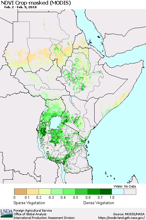 Eastern Africa Cropland NDVI (Terra-MODIS) Thematic Map For 2/1/2018 - 2/10/2018