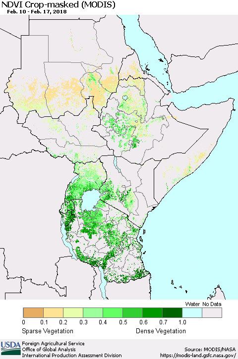 Eastern Africa Cropland NDVI (Terra-MODIS) Thematic Map For 2/11/2018 - 2/20/2018
