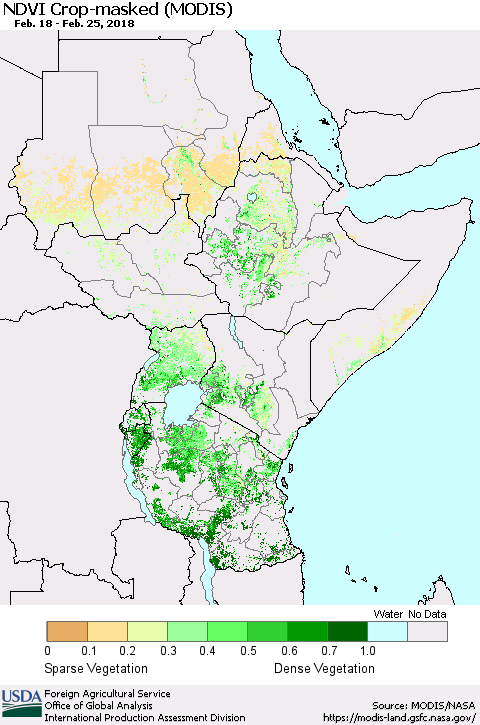 Eastern Africa Cropland NDVI (Terra-MODIS) Thematic Map For 2/21/2018 - 2/28/2018