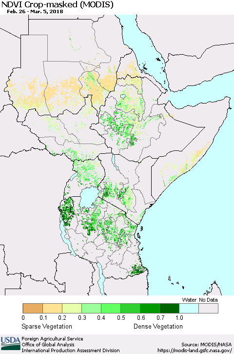 Eastern Africa Cropland NDVI (Terra-MODIS) Thematic Map For 3/1/2018 - 3/10/2018