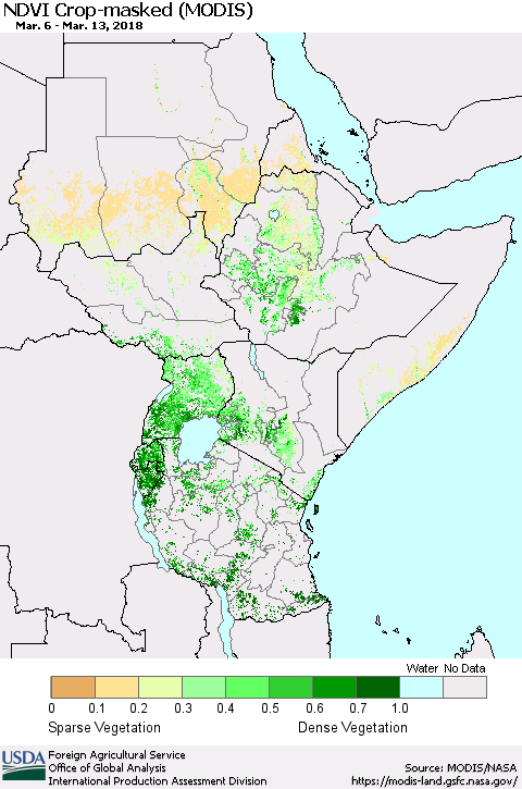 Eastern Africa Cropland NDVI (Terra-MODIS) Thematic Map For 3/11/2018 - 3/20/2018