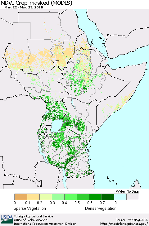 Eastern Africa Cropland NDVI (Terra-MODIS) Thematic Map For 3/21/2018 - 3/31/2018