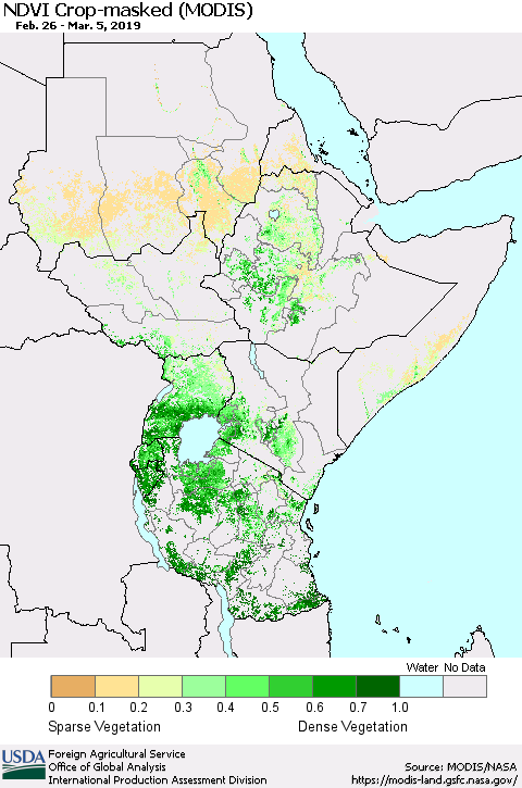 Eastern Africa NDVI Crop-masked (MODIS-Terra) Thematic Map For 3/1/2019 - 3/10/2019