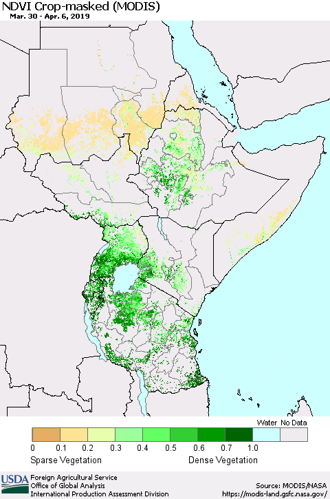 Eastern Africa NDVI Crop-masked (MODIS-Terra) Thematic Map For 4/1/2019 - 4/10/2019