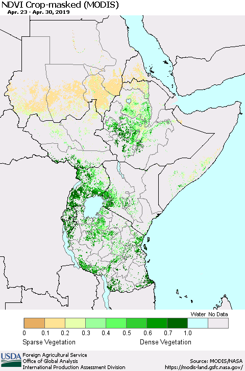 Eastern Africa Cropland NDVI (Terra-MODIS) Thematic Map For 4/21/2019 - 4/30/2019