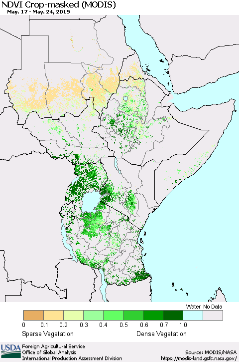 Eastern Africa Cropland NDVI (Terra-MODIS) Thematic Map For 5/21/2019 - 5/31/2019