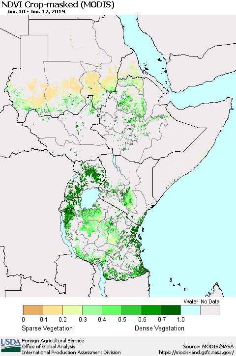 Eastern Africa NDVI Crop-masked (MODIS-Terra) Thematic Map For 6/11/2019 - 6/20/2019