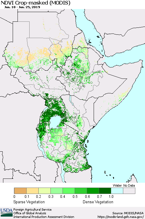 Eastern Africa NDVI Crop-masked (MODIS-Terra) Thematic Map For 6/21/2019 - 6/30/2019