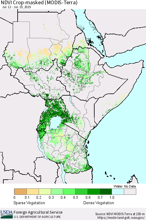 Eastern Africa Cropland NDVI (Terra-MODIS) Thematic Map For 7/11/2019 - 7/20/2019