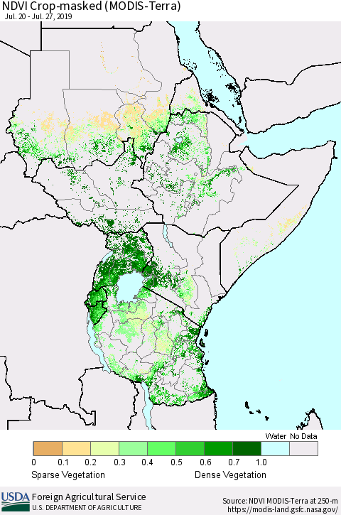 Eastern Africa Cropland NDVI (Terra-MODIS) Thematic Map For 7/21/2019 - 7/31/2019