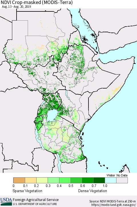 Eastern Africa NDVI Crop-masked (MODIS-Terra) Thematic Map For 8/11/2019 - 8/20/2019