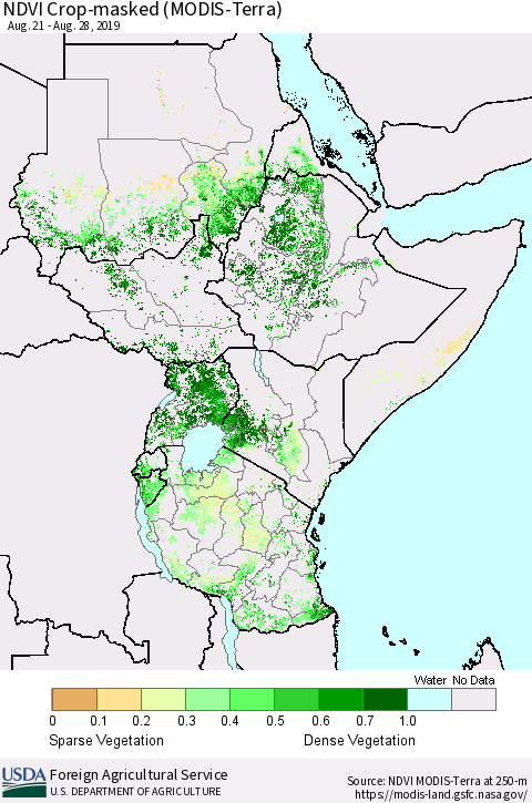 Eastern Africa NDVI Crop-masked (MODIS-Terra) Thematic Map For 8/21/2019 - 8/31/2019