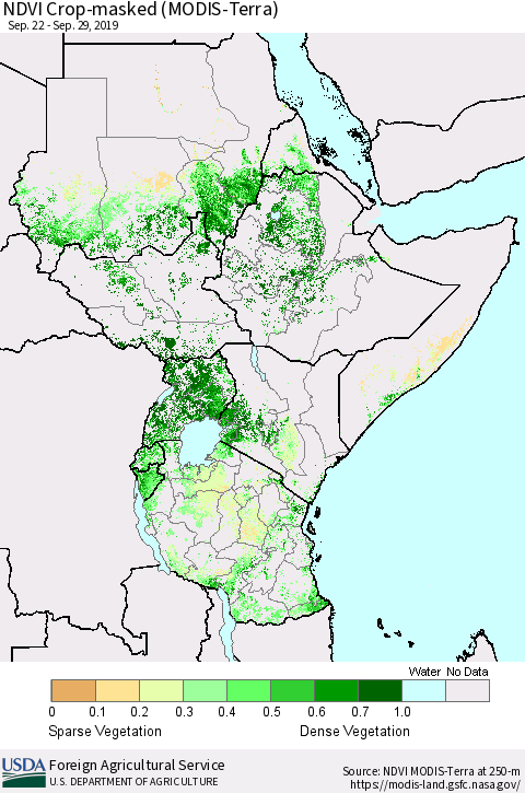 Eastern Africa Cropland NDVI (Terra-MODIS) Thematic Map For 9/21/2019 - 9/30/2019