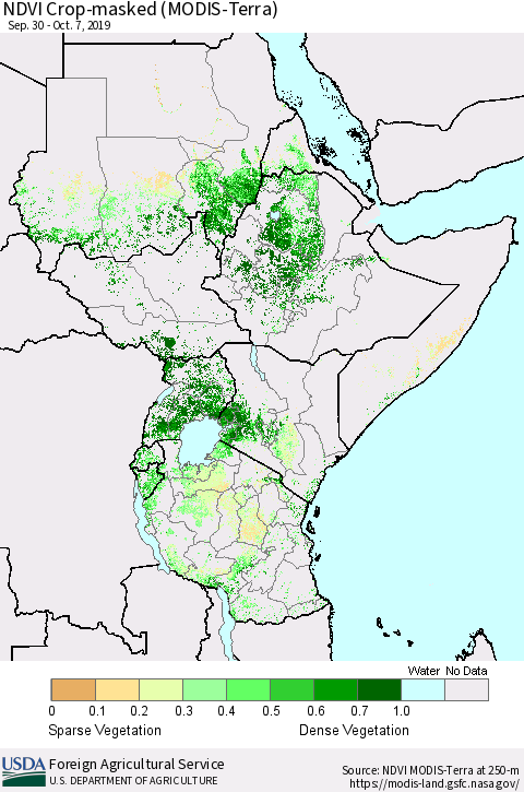 Eastern Africa Cropland NDVI (Terra-MODIS) Thematic Map For 10/1/2019 - 10/10/2019