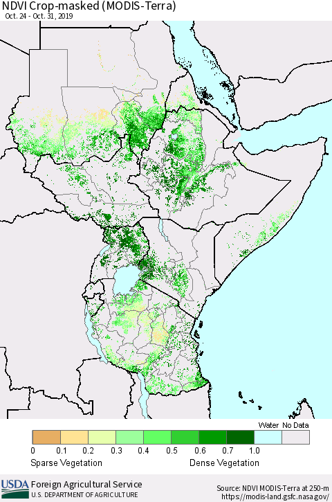Eastern Africa Cropland NDVI (Terra-MODIS) Thematic Map For 10/21/2019 - 10/31/2019