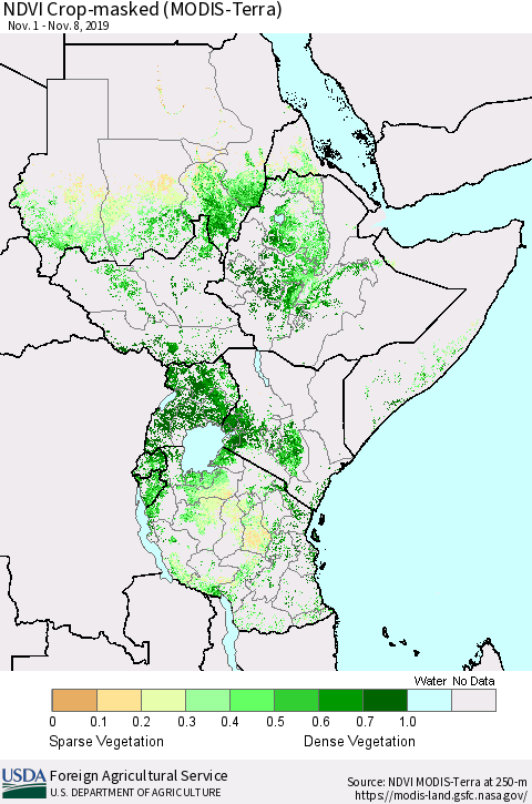 Eastern Africa Cropland NDVI (Terra-MODIS) Thematic Map For 11/1/2019 - 11/10/2019