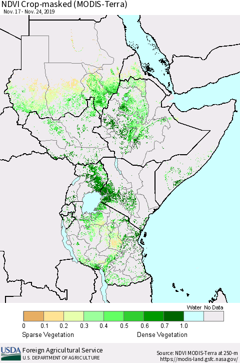 Eastern Africa Cropland NDVI (Terra-MODIS) Thematic Map For 11/21/2019 - 11/30/2019