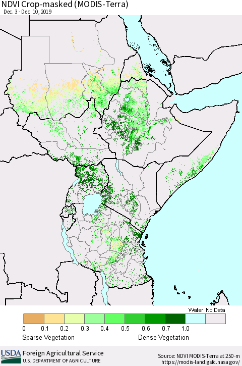 Eastern Africa Cropland NDVI (Terra-MODIS) Thematic Map For 12/1/2019 - 12/10/2019