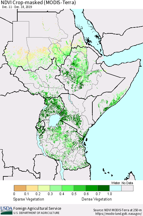 Eastern Africa Cropland NDVI (Terra-MODIS) Thematic Map For 12/11/2019 - 12/20/2019