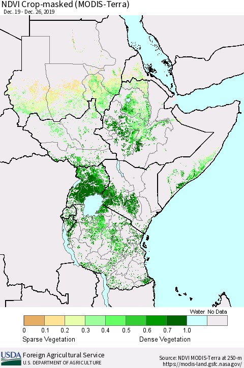 Eastern Africa Cropland NDVI (Terra-MODIS) Thematic Map For 12/21/2019 - 12/31/2019