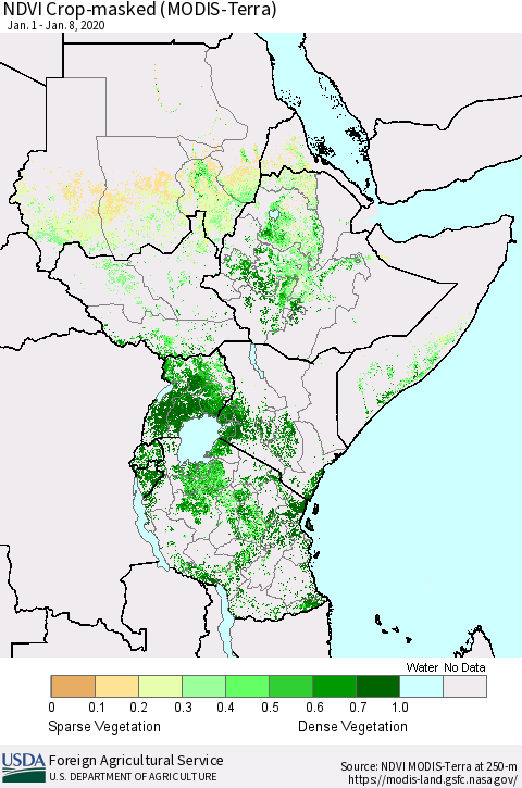 Eastern Africa Cropland NDVI (Terra-MODIS) Thematic Map For 1/1/2020 - 1/10/2020
