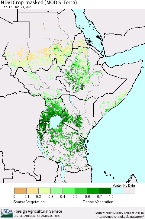 Eastern Africa NDVI Crop-masked (MODIS-Terra) Thematic Map For 1/21/2020 - 1/31/2020