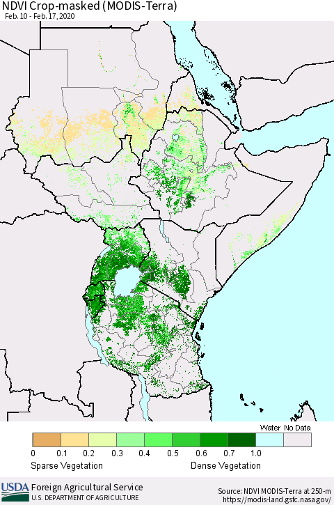 Eastern Africa NDVI Crop-masked (MODIS-Terra) Thematic Map For 2/11/2020 - 2/20/2020