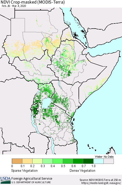 Eastern Africa Cropland NDVI (Terra-MODIS) Thematic Map For 3/1/2020 - 3/10/2020